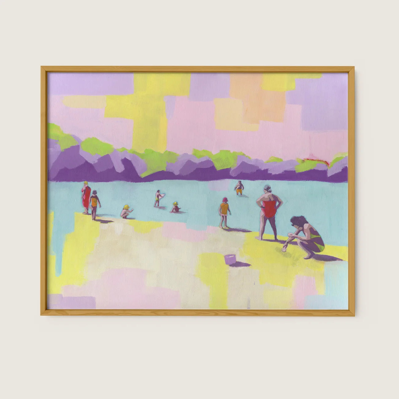 Wall art of people at the beach. Pastel coastal art print.